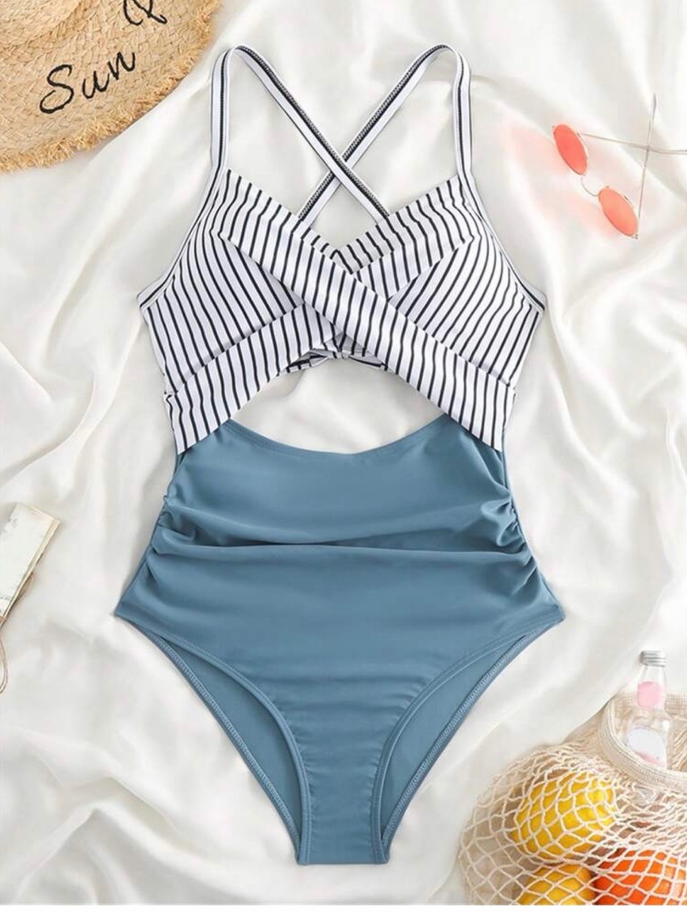 Striped Crisscross One-Piece Swimsuit in White & Blue